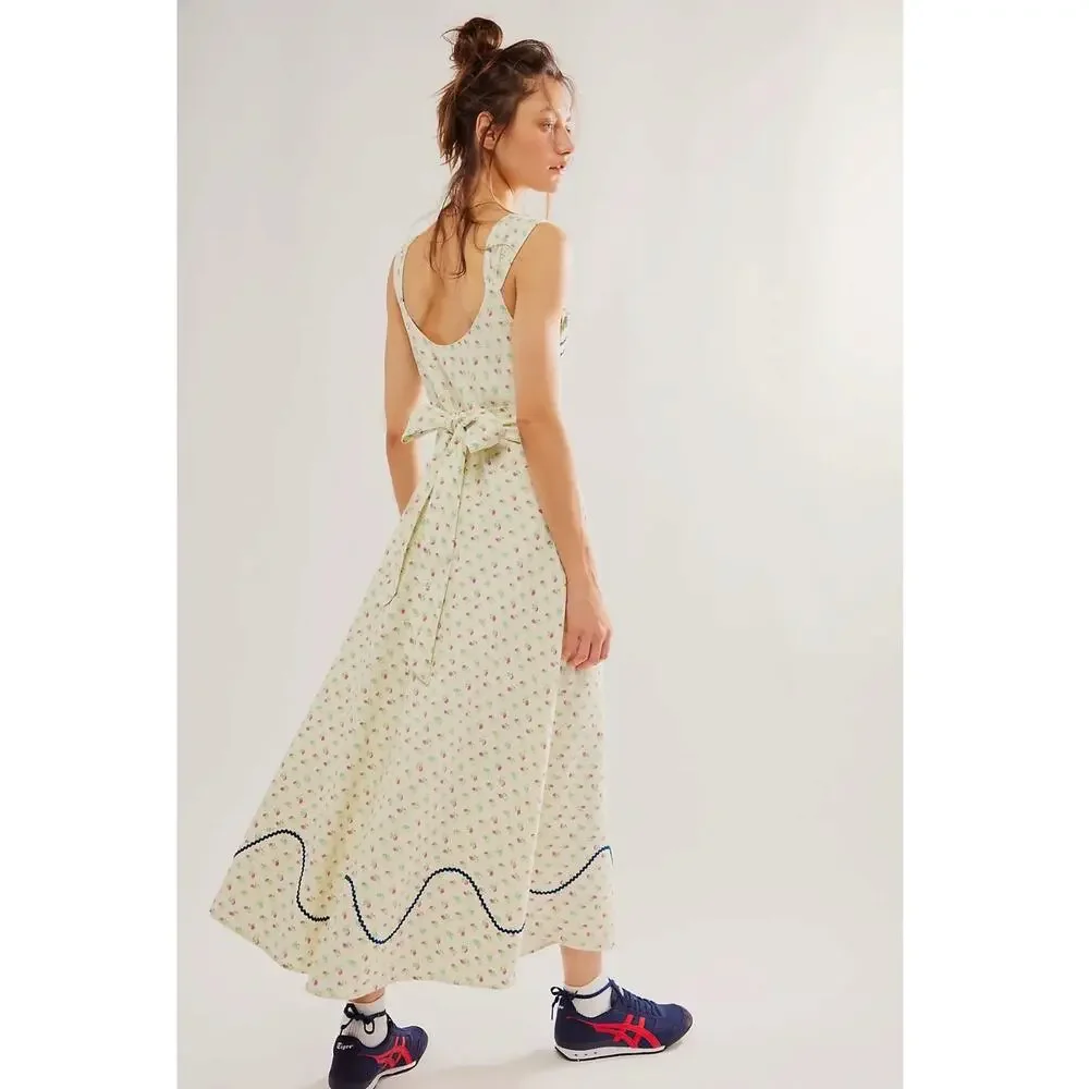 Free People Dainty Western Prairie Sweet Hearts Midi Dress in Ivory Combo Medium